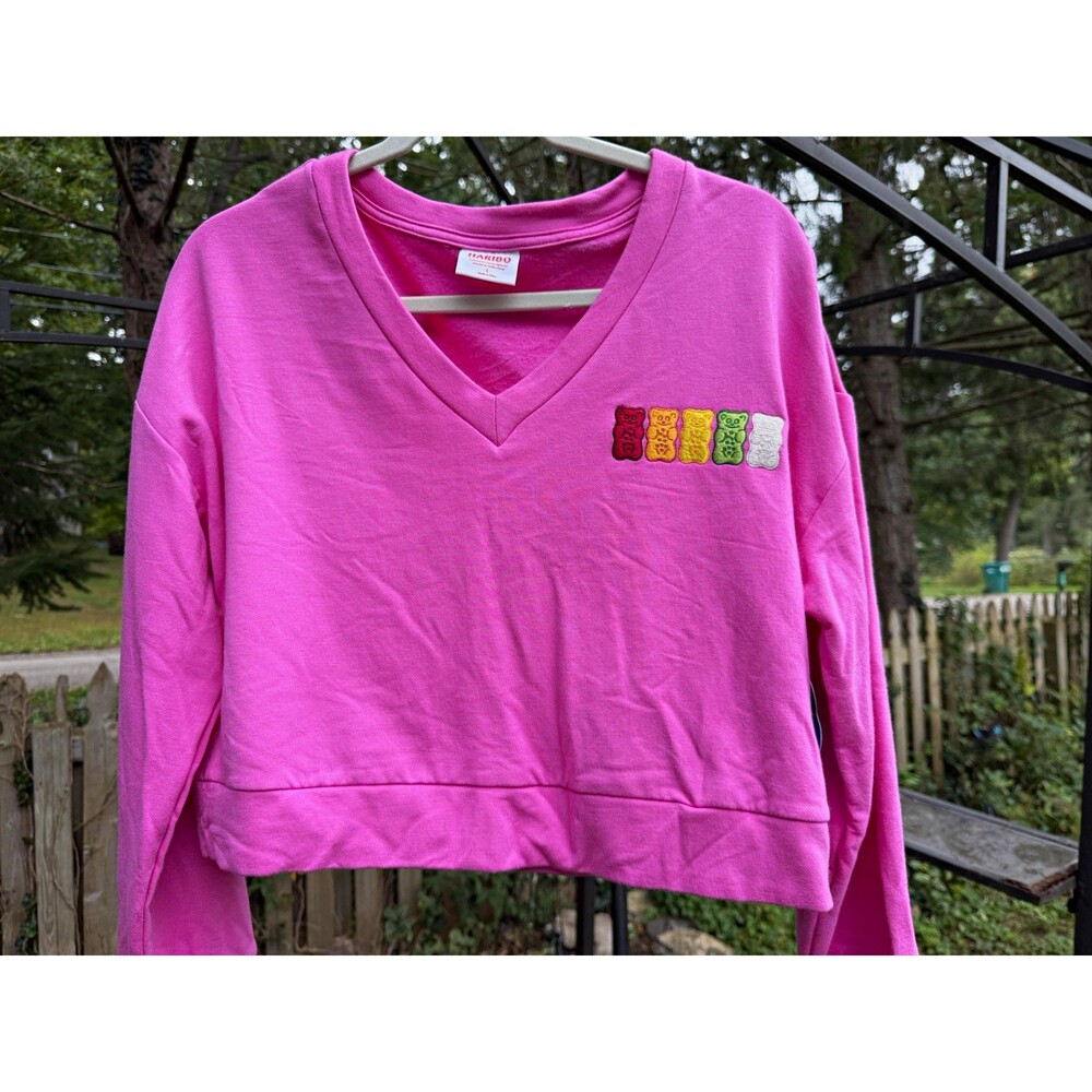 HARIBO Sweatshirt Womens L Pink Cropped Gummy Bear Embroidered NWT